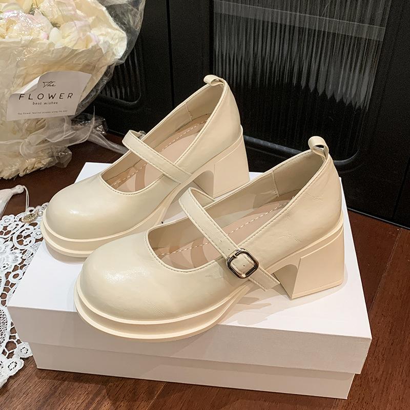 

Thick-soled small leather shoes temperament single shoes 2025 spring and autumn new French one-word belt is not tired of high heels Mary Jane shoe 40 бежевый