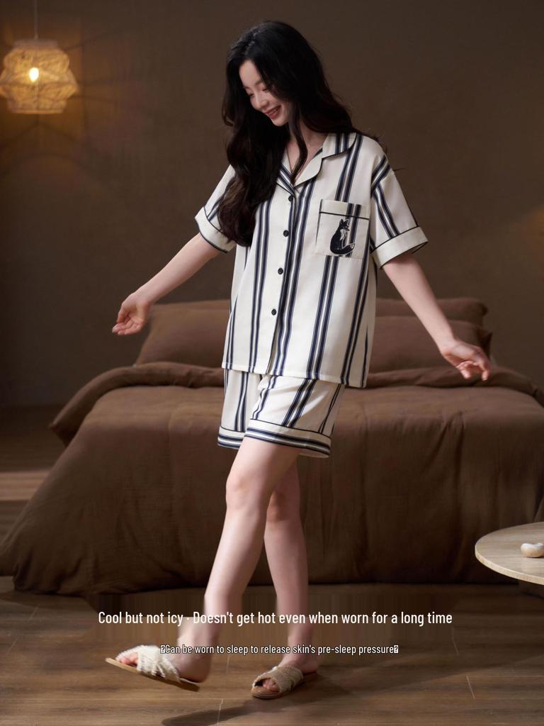 Damen Gestreiftes Eis Seiden Pyjama Set, Kurzarm Oberteil & Shorts für Drinnen oder Draußen