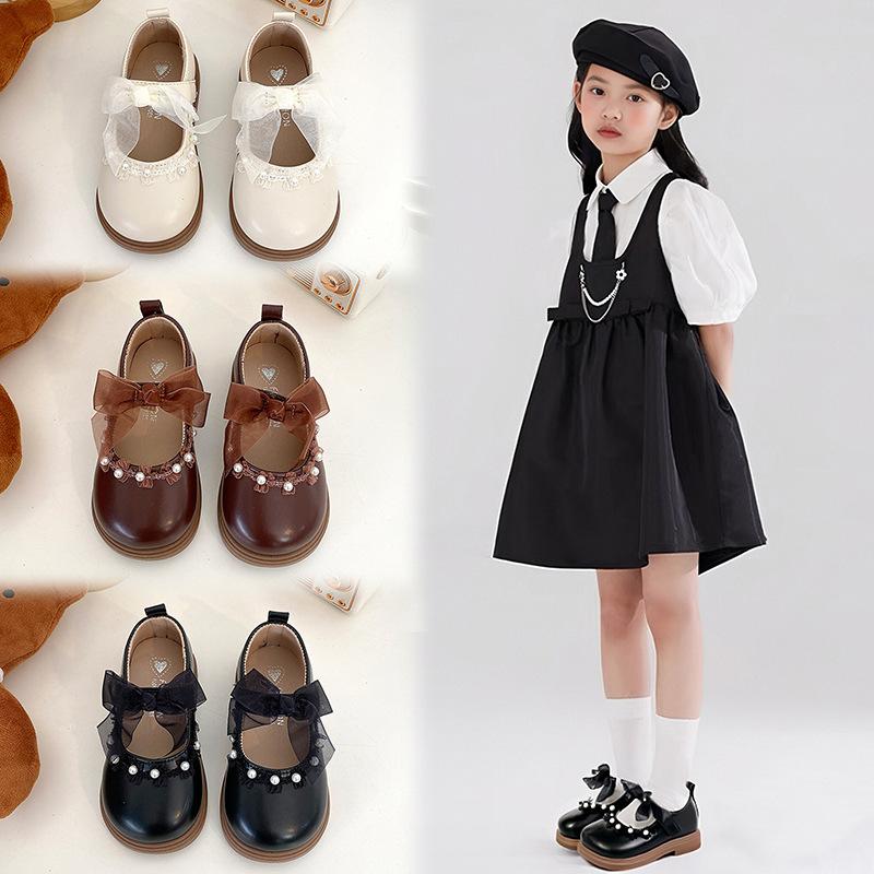 2025 Spring and Autumn New Girls' Leather Shoes Bow Pearl Princess Shoes Children's Single Shoes Soft Sole Girls Performance Shoes