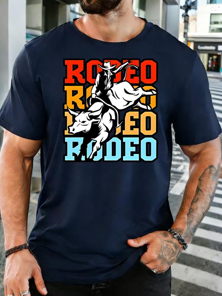 Unisex Western Rodeo Bull Cowboy Retro Art Graphic Cotton Short Sleeve Tee Crew Neck Soft Male Summer Casual Breathable Street Top