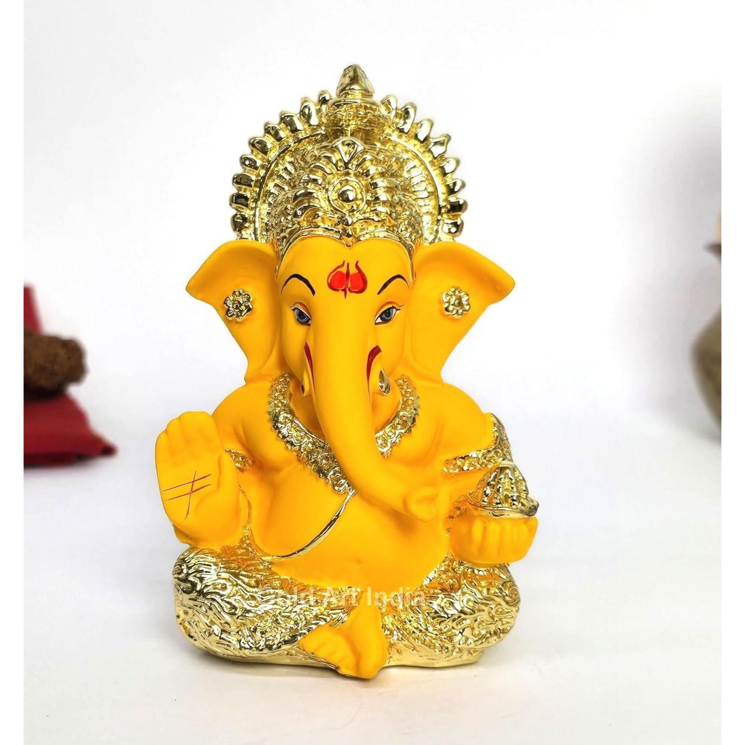 

Позолоченный Ганеша с терракотовой работой в виде манго - высота 3,5 дюйма для декора дома/офисного стола/приборной панели автомобиля