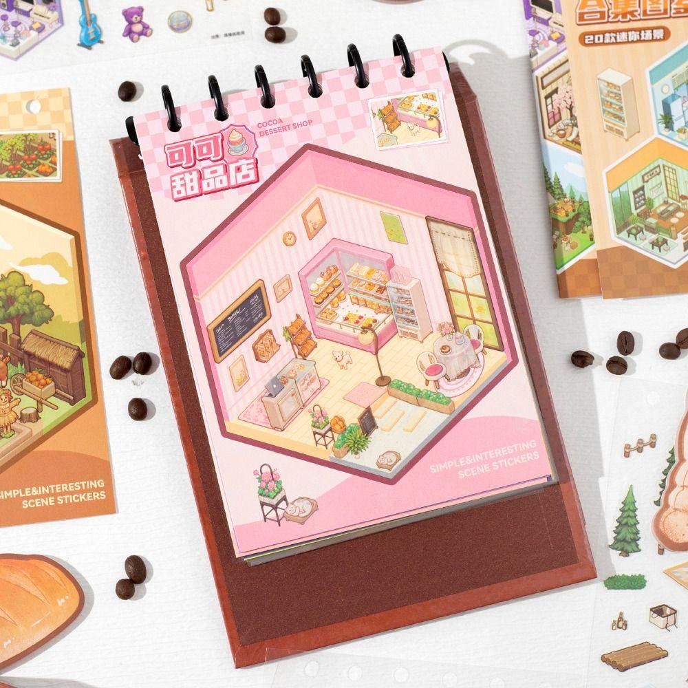New Cartoon 1D Landscape Sticker Book Visual Stacking DIY 1D Pocket Cabin Scene Stickers Miniature Scene Stickers Children Gift