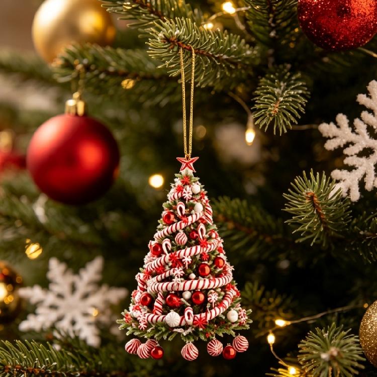 Holiday Room Accent Ornament in Acrylic, Christmas Tree Theme, 3.14 In with Loop for Home, Wreath, and Shelf Use