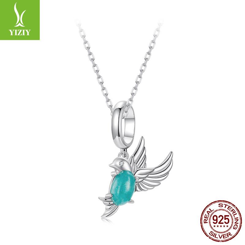 Green Natural Stone Bird Pendant S925 Sterling Silver Animal Diy Bracelet Beaded Accessories Versatile Jewelry