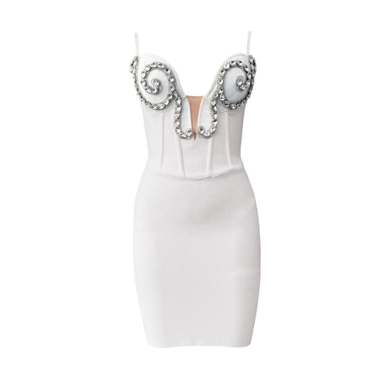 

New bandage dress suspender white sexy mesh tight niche diamond-encrusted mini hip skirt women S