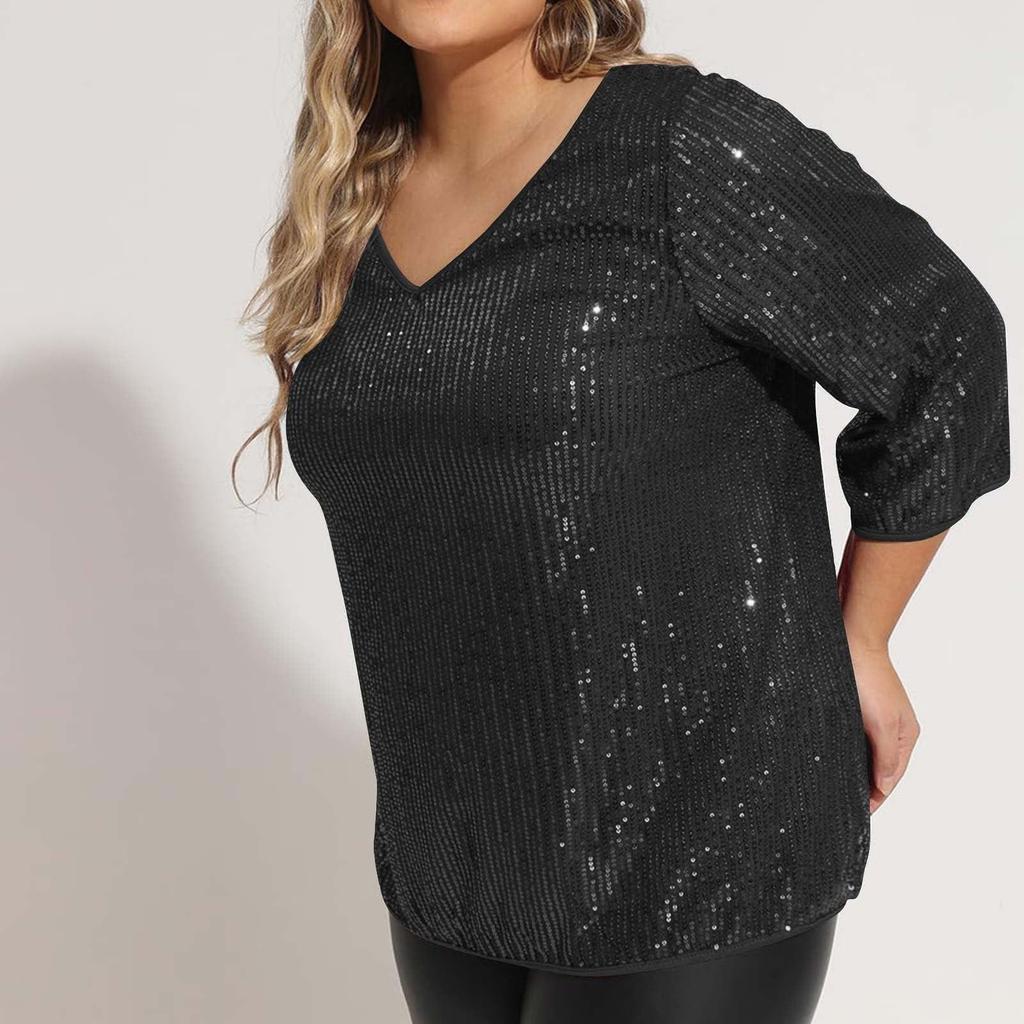Women's Loose Large Size Solid Color Sequined V-Neck Three-quarter Sleeve T-Shirt Top