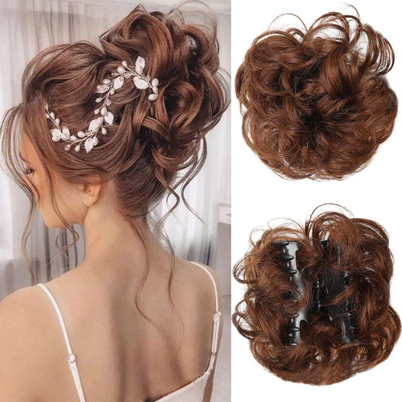 Synthetic Chignon Messy Hair Bun Claw Clip In Hair Piece Wavy Curly Bun Ponytail Scrunchie Hairpieces for Women