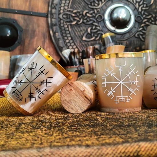 Set of 6 Viking Horn Glasses with Gold Rim Small Beer Whiskey Cups Vegvisir Symbol Drinkware Handmade Gift