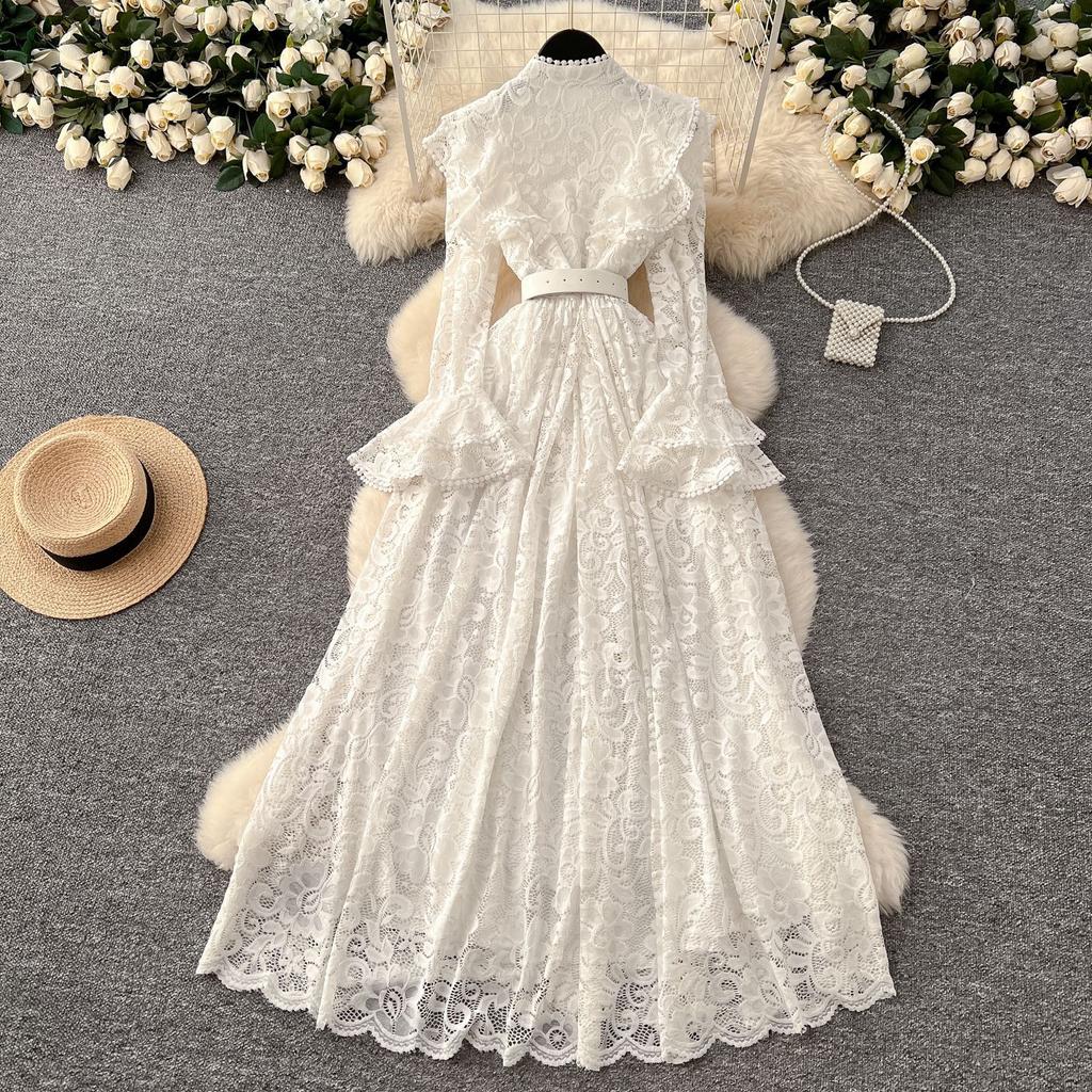 2025 French Women's Dress High-end Fungus Edge Splicing Single-breasted Waist Lace Embroidered Dress