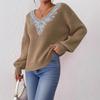 Lace Sequin Collar Flower, Spliced V-neck, Pullover Top, Women's Clothing, Loose and Lazy Style, Long Sleeved Sweater