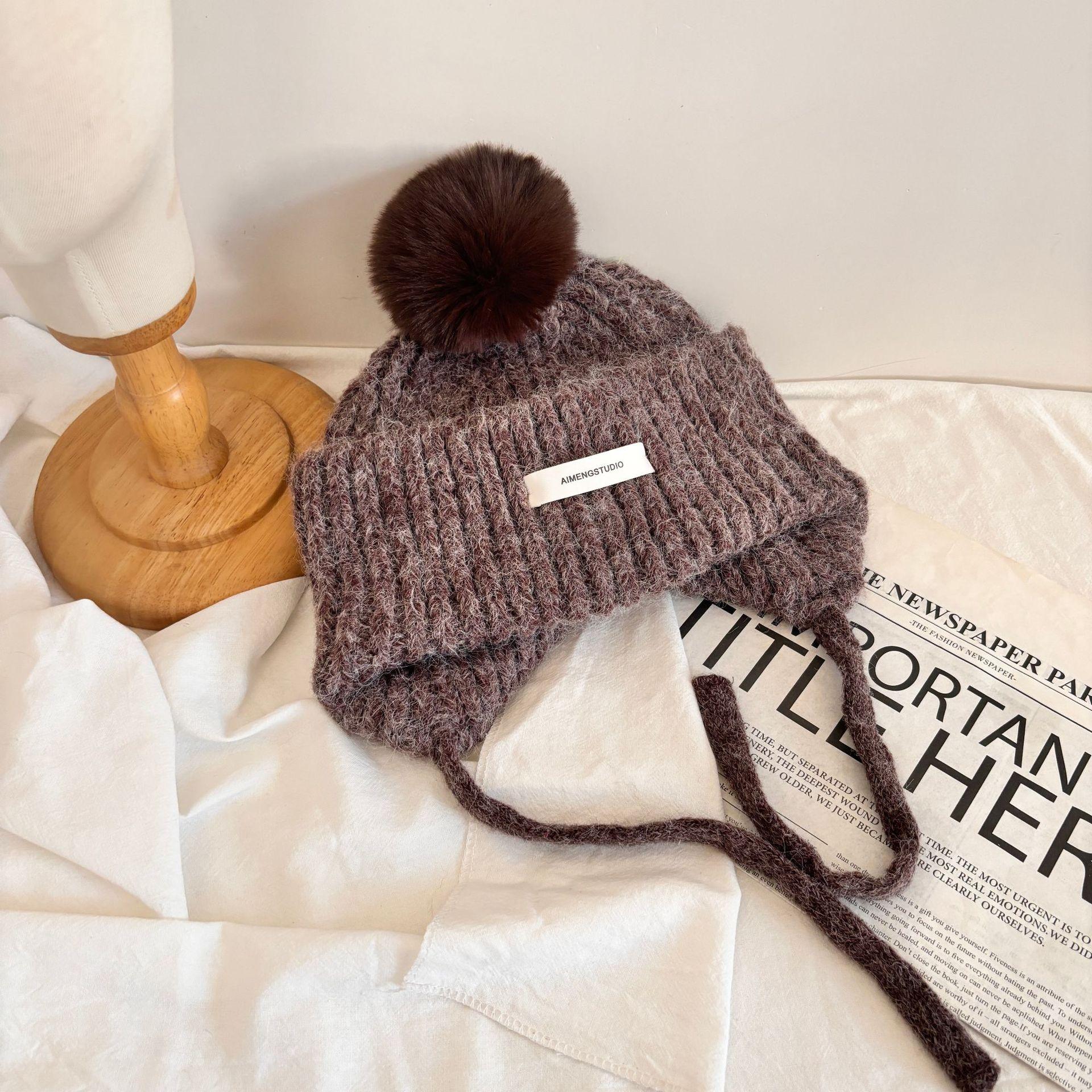 

Зимняя женская симпатичная шапка-пуловер из флиса, теплая зимняя шапка Lei Feng, вязаная защитная шапка для ушей, велосипедная шерстяная шапка M（56-58cm） темно-коричневого