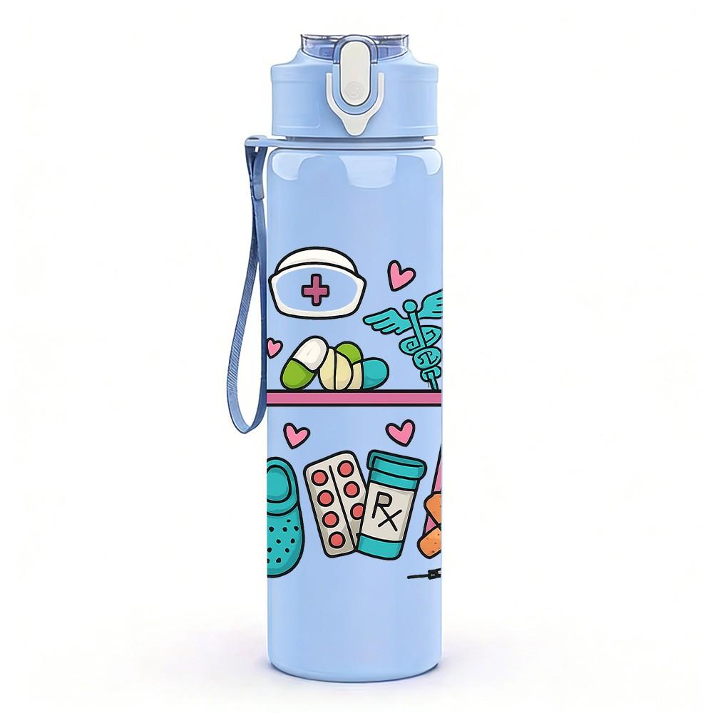 1PC Medical Tool Floral Frame Layout 750ml Color Plastic Sports Water Bottle Leakproof Flip Straw Lid For Sports Office Home Use