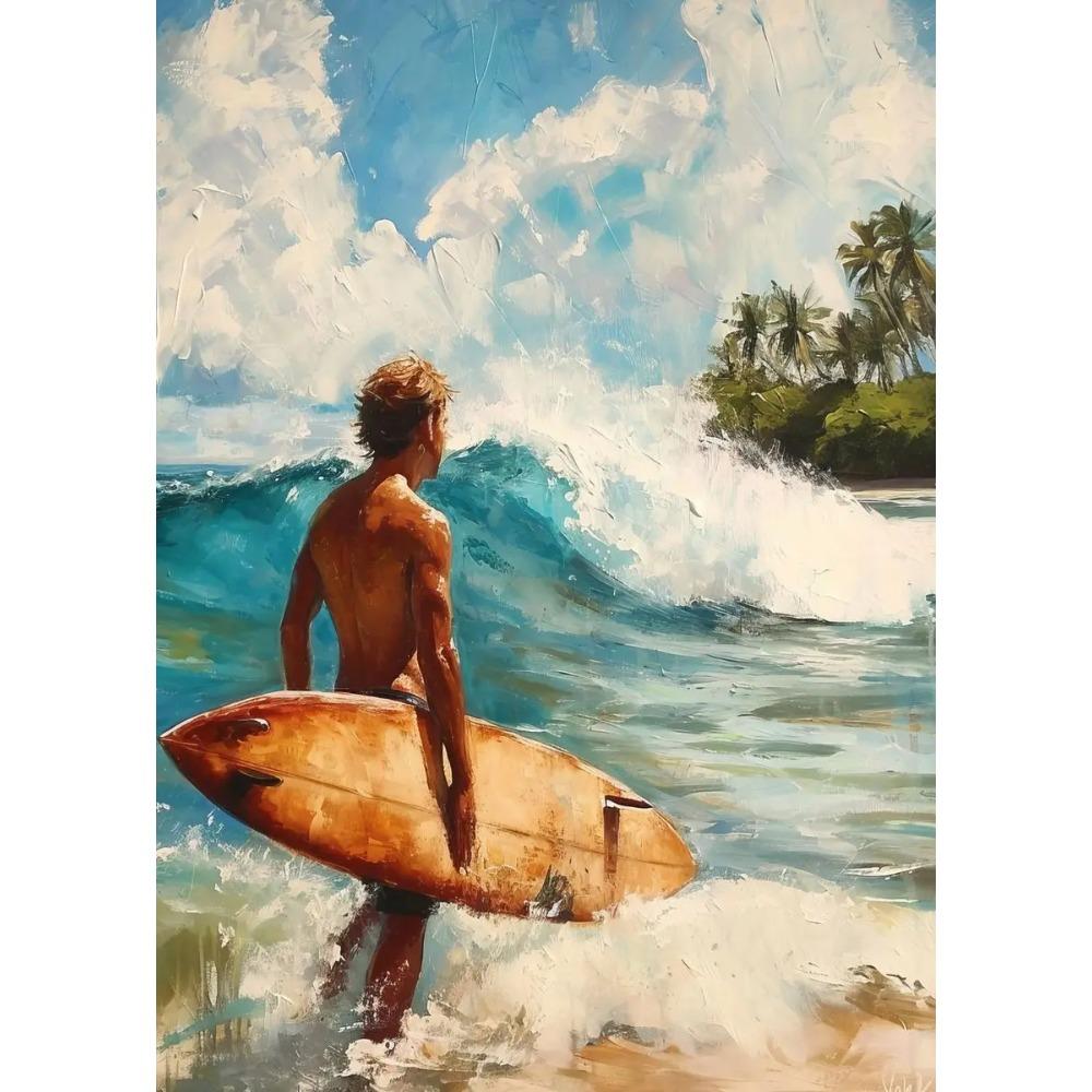 Wave Lighthouse Girl Surfing Canvas Painting Palm Tree Print Wall Art Picture Living Room Decor Sea Beach Poster Ocean Ship Boat
