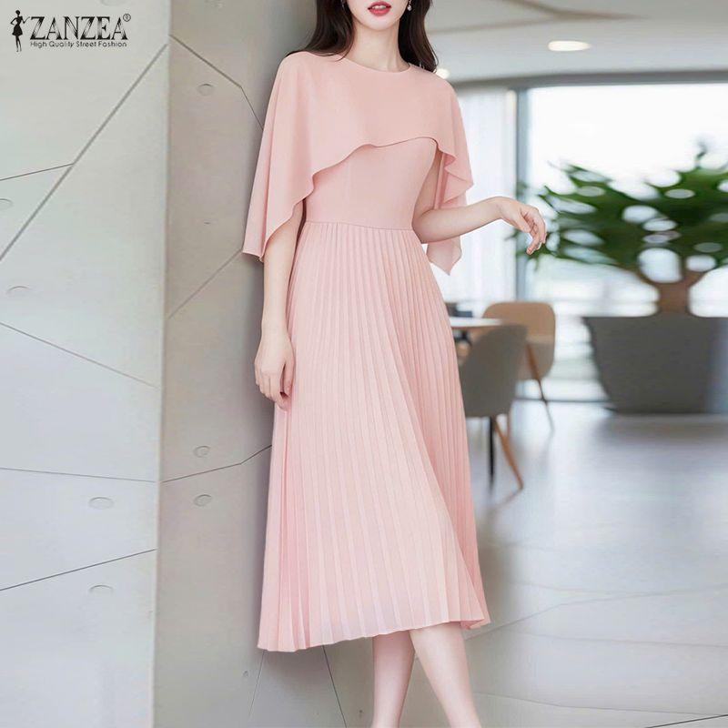 ZANZEA Damen Freizeit Rundhals Ärmellos Elegant Umhang Kleid