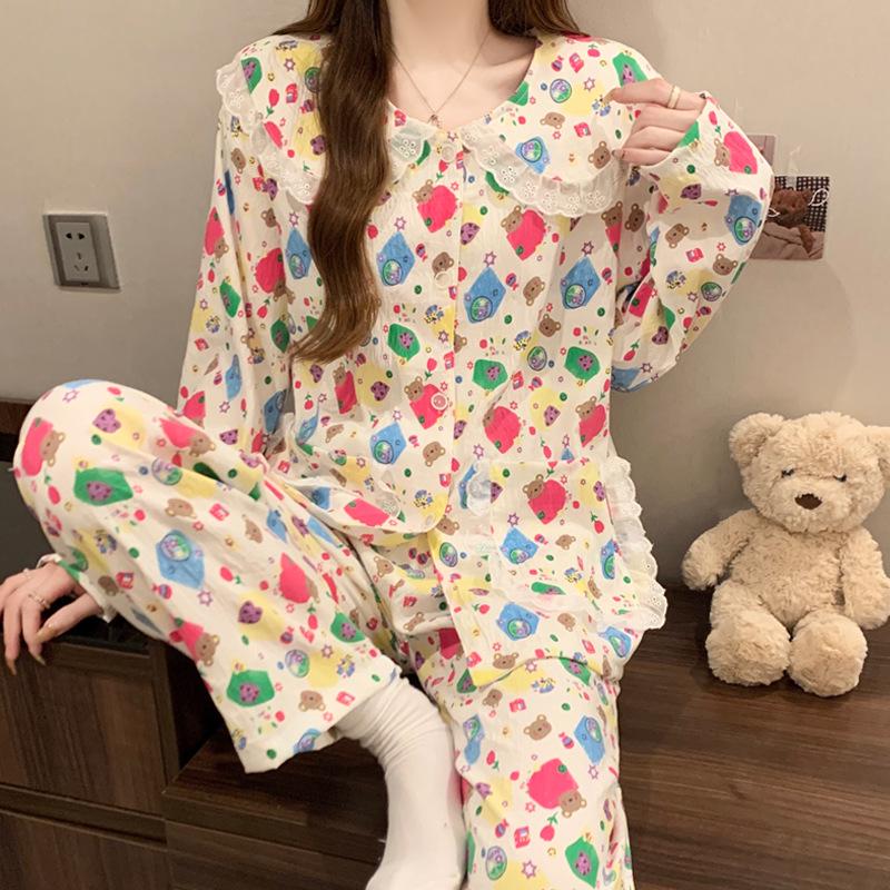 Women's Cartoon Lace Peter Pan Collar Cotton Pajamas - Long Sleeve, Spring/Fall, Winter Style