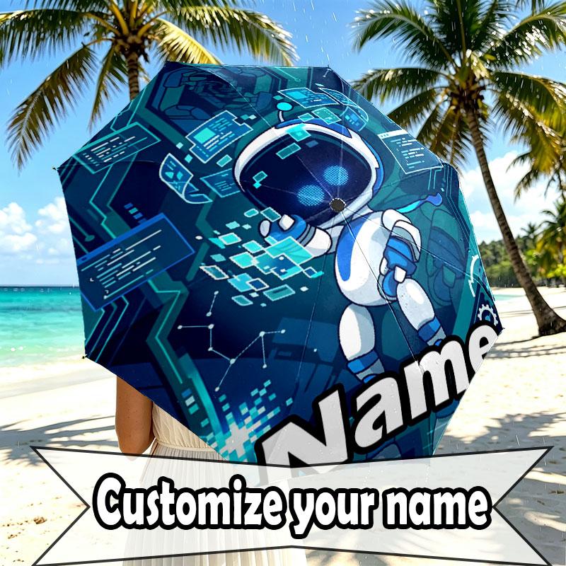 Custom Name Personalized Cosmic Bot Crew Print Umbrella, Auto Open Close, 8‑Rib Sturdy Frame, Commute Camping Hiking Use, Birthday Gift