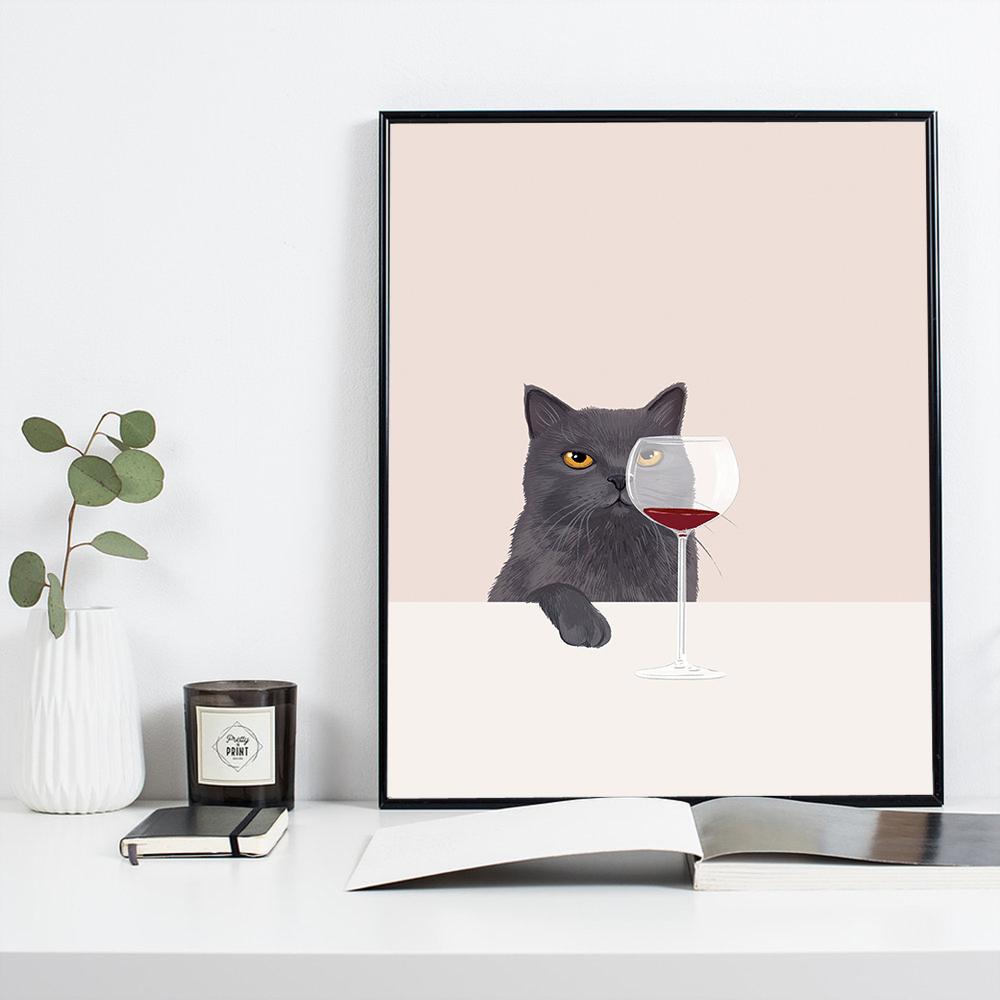 Lustiges süßes schwarzes Katzenplakat, weiße Katzen schmecken Rotwein, Leinwandmalerei, Katze, Küche, Wandkunst, Bilder für Wohnzimmer, Heimdekoration
