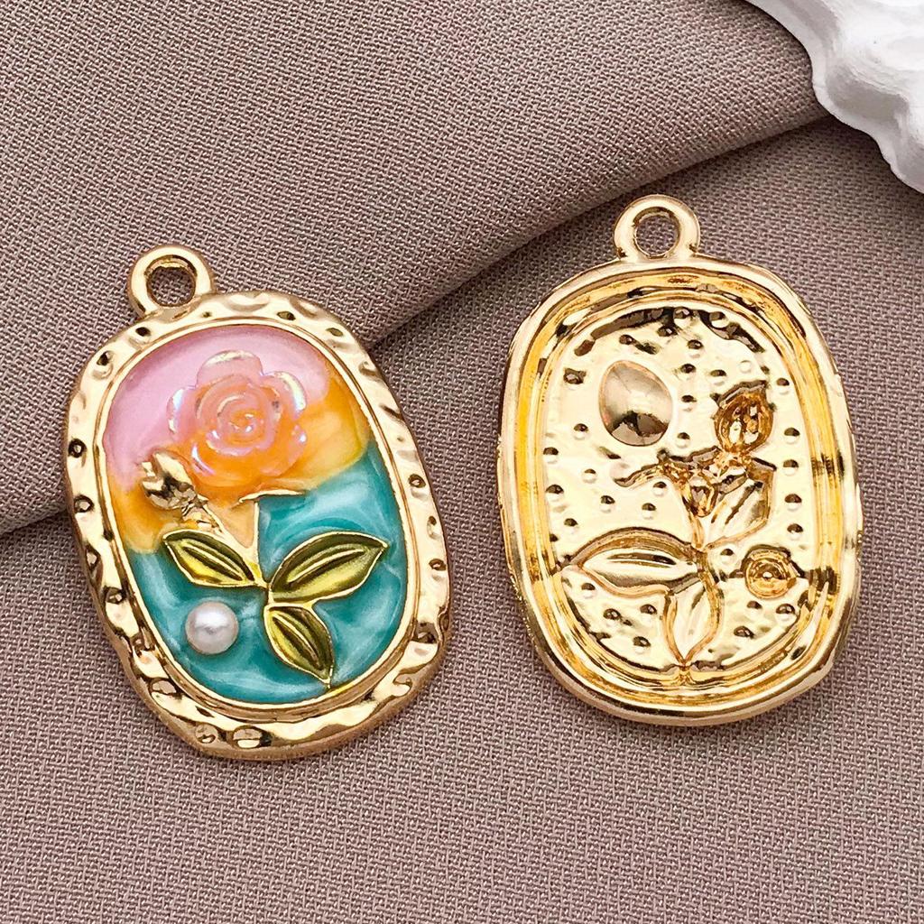 French Retro Luxury Enamel Earrings & Necklace Set: Monet's Garden Oil Painting Flower Design
