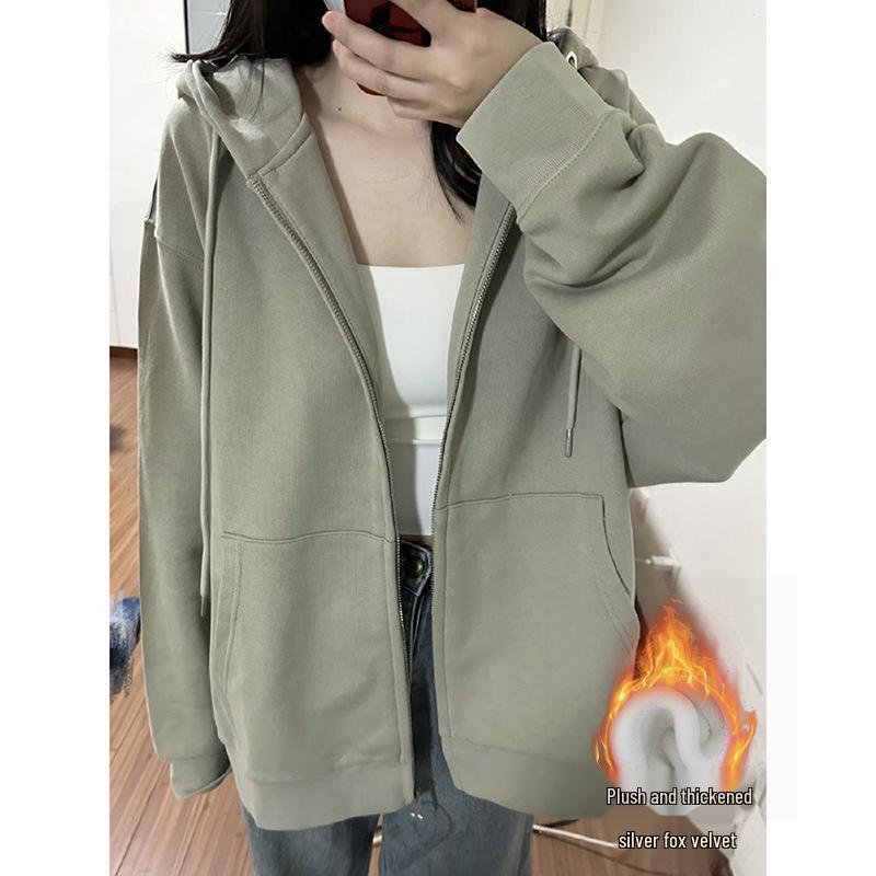 Women's Grey Hooded Fleece Sweatshirt - Slimming Thick Zip-Up Cardigan for Autumn/Winter 2025