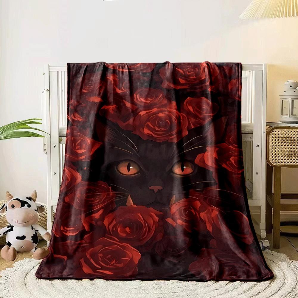 A black cat s face surrounded by vibrant red roses. for all seasons blanket lunch break throw gift 80cm x 120cm