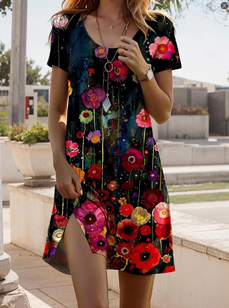 Women's New Round Neck Short Sleeve Dress with Indian Print – European & American Style