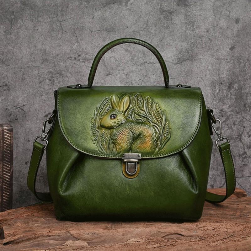 Johnature Rabbit Embossed Handbag Genuine Leather Retro Women Bag Versatile Real Cowhide Handmade Shoulder Bags