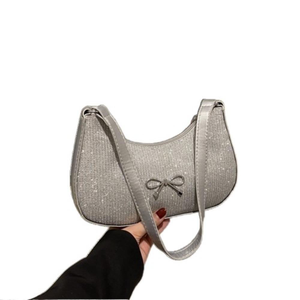Solid Color Underarm Tote Bag Shiny Women Handbag Portable Bowknot Shoulder Bag Lady