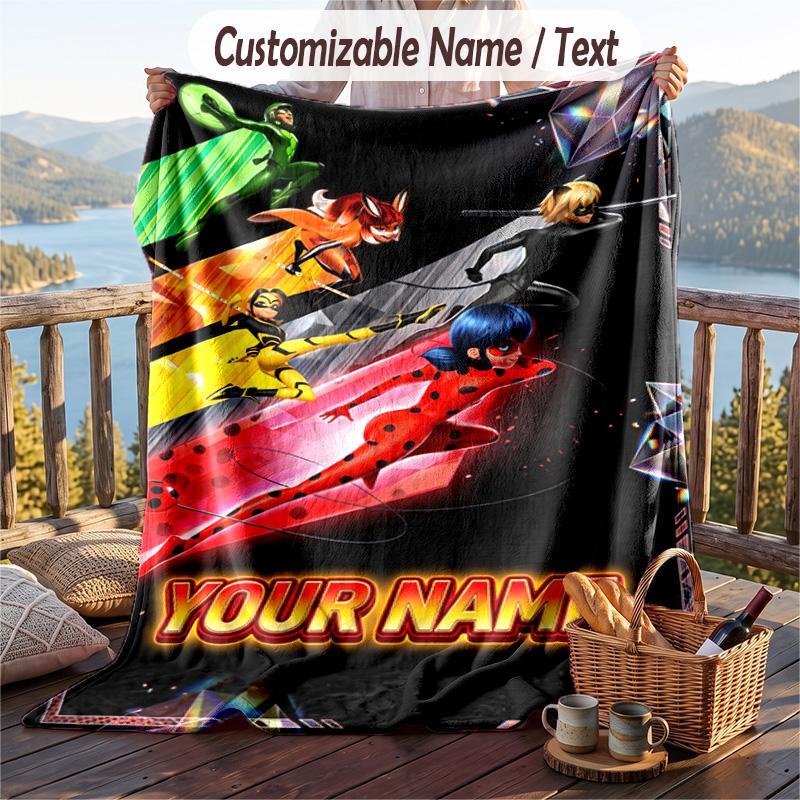 Miraculous Ladybug Flannel Blanket, Personalized Custom Name Text, Soft Warm Plush Throw Blanket For Gift
