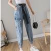2022 Loose Hip Hop Leisure Korean Womens Pants Punk Pockets Jeans High Elastic Waist Button Harem Harajuku Denim Causal Cargo