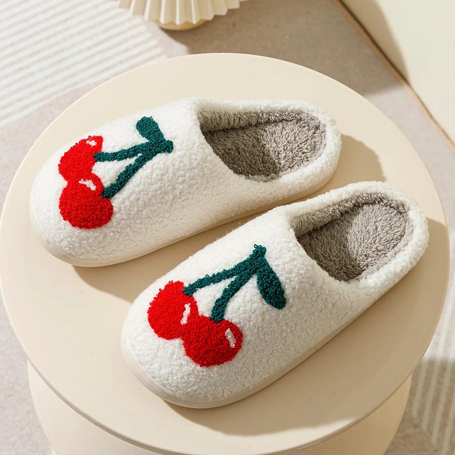 Fashion Super Cute Cherries Plush House Slippers for Women  Comfy Home Shoes   Flat Slip-on Slides   Platforms, Winter Slippers
