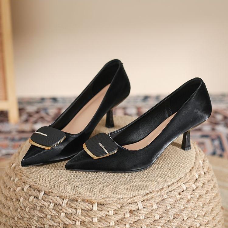 Metal Square Buckle Black High Heels Women's Slim Heels Professional Shoes Pointed Single Shoes