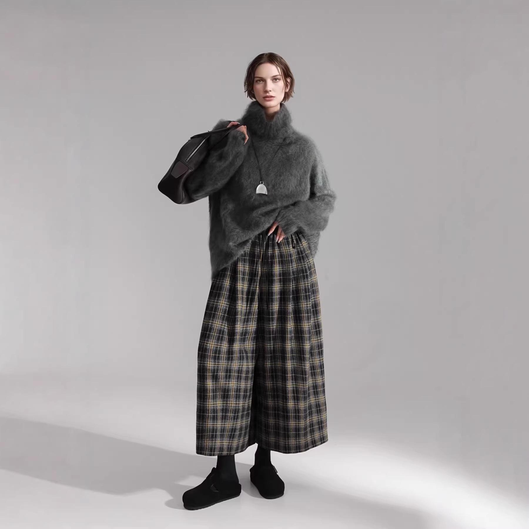 

High-Waisted Plaid Wool-Blend Wide-Leg Skirt Pants - Slimming and Loose Fit Medium
