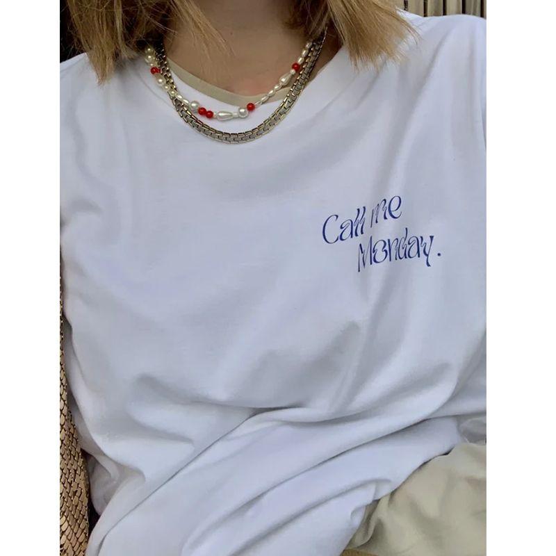 Call Me Monday American Retro Sports Style Blogger Letter Print Casual Cotton Short Sleeve T-shirt for Women