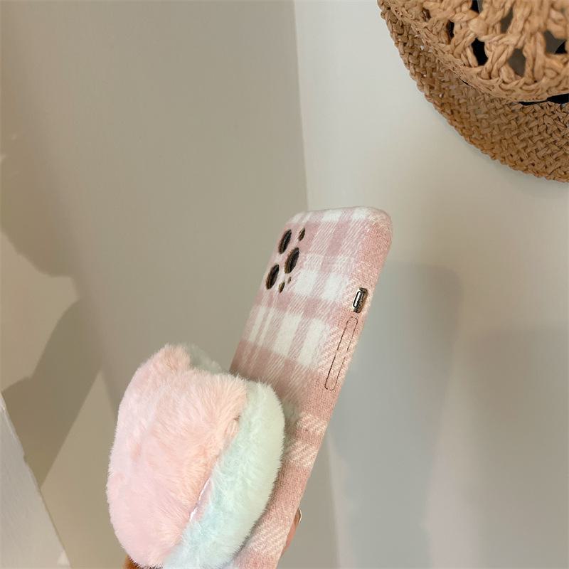 Urocze pluszowe etui 3D w kratę z owczej skóry i sera dla Apple 13 Promax, odporne na upadki i miękkie.