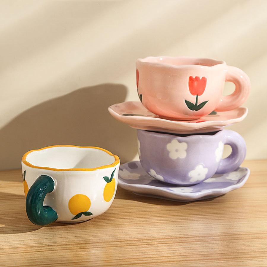 Girl'S Heart Hand-Painted Tulip Orange Bear Flower White Cloud Coffee Cup And Saucer Underglaze Irregular Ceramic Cup And Saucer