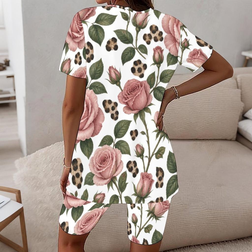 Women Plus Size Round Neck Short Sleeve Rose Leopard Printed Loungewear Two Piece Set