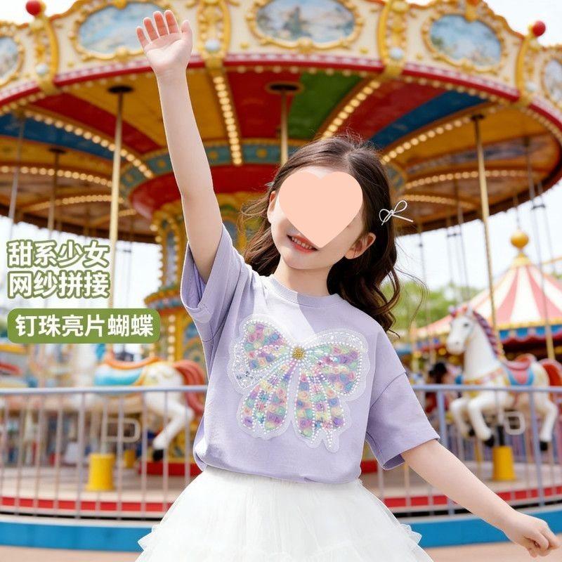 Girls Cotton Short Sleeve T Shirt with Bow Loose Casual Top for Summer
