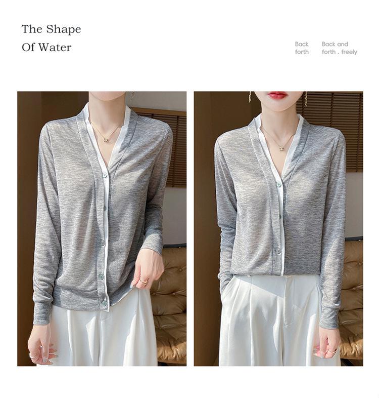 2025 Spring/Summer Colorblock V-Neck Fine-Knit Cardigan – Long Sleeve, Loose Fit, Versatile Two-Piece Top