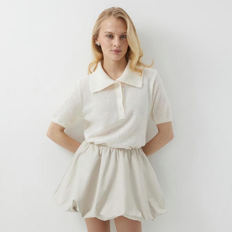 Módní pletený pulovr Dámský svetr s krátkým rukávem 2025 Jaro Léto Klopa Knoflíky Top Jednoduchý Tenký Elegantní Volný Ležérní Kancelářský Pletený Oděv