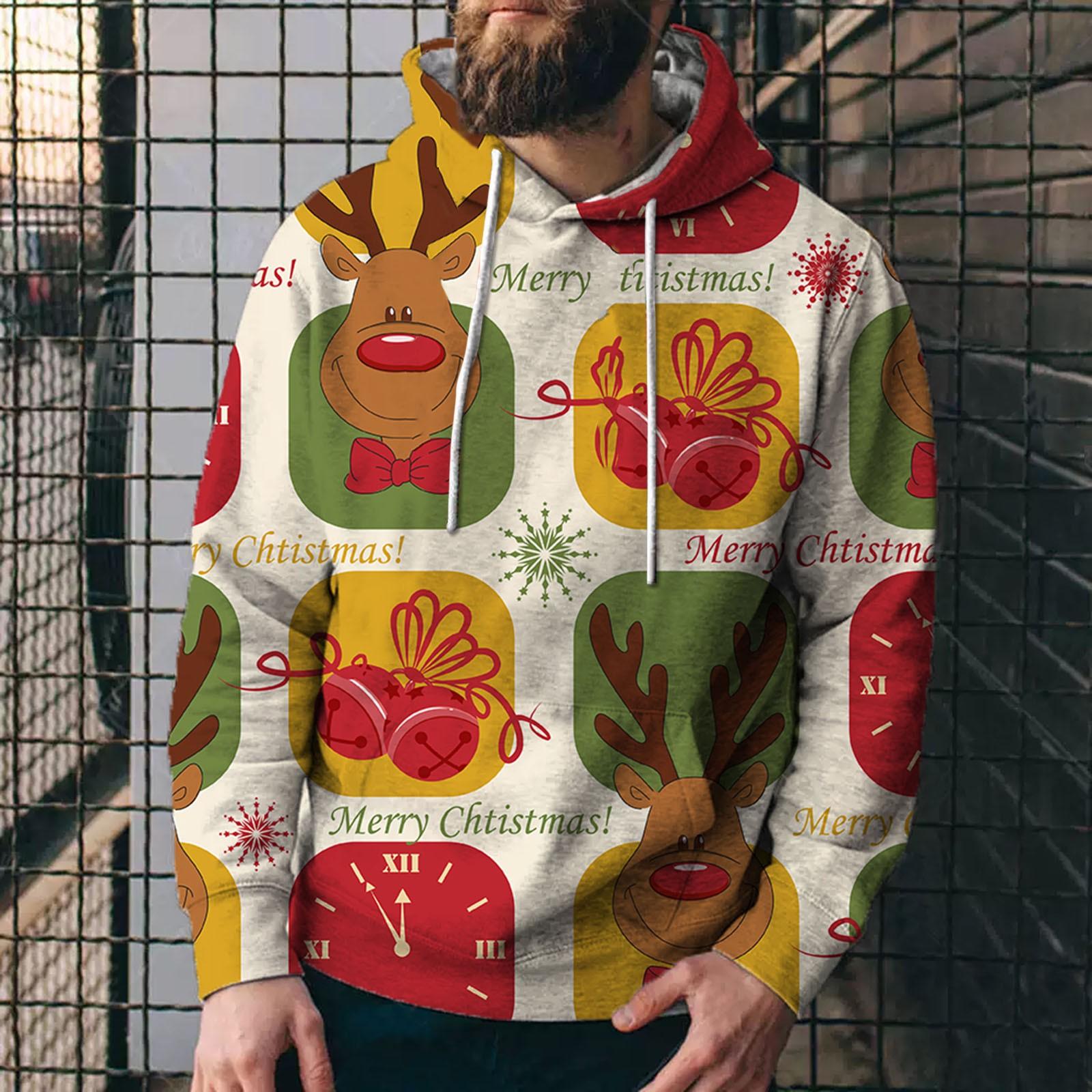 

Men Christmas Festival Hooded Winter Warm Round Neck Funny Print Long-Sleeved Blouses Male Soft Sweatshirts XL