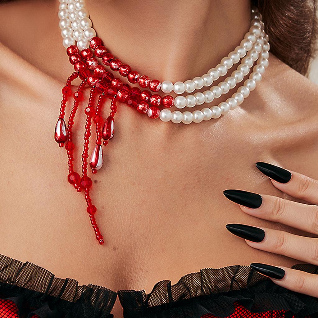 Creative Halloween Blood-Dripping Fringe Necklace, Gothic Blood-Stained Imitation Pearl Beaded Collarbone Necklace