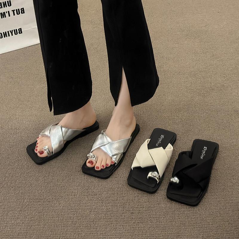 Aphixta Crystal Flip Flop Square Toe Summer Shoes Flat With Heel Slipper Women Casual Slides Outside Sandals Cross Strap Slipper