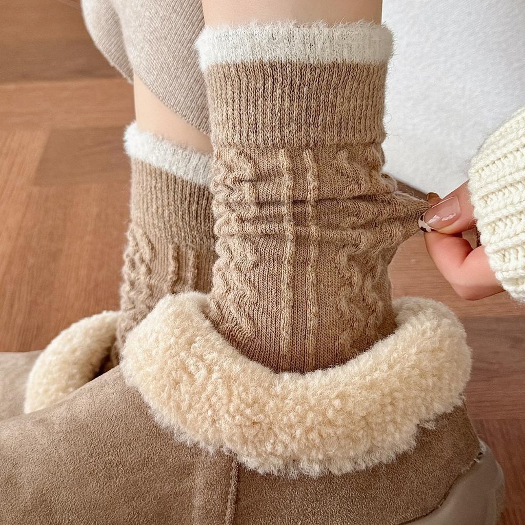 Wool Socks Children'S Warm Thickened Socks Fleece Medium Tube Socks Contrast Twist Striped Stacking Socks