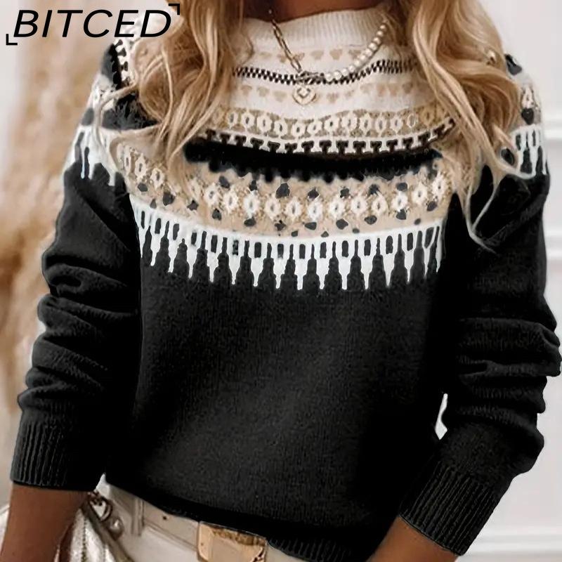 BITCED Women's Sweater - O-Neck Color-Blocked Oversized Fashion Pullover Knit