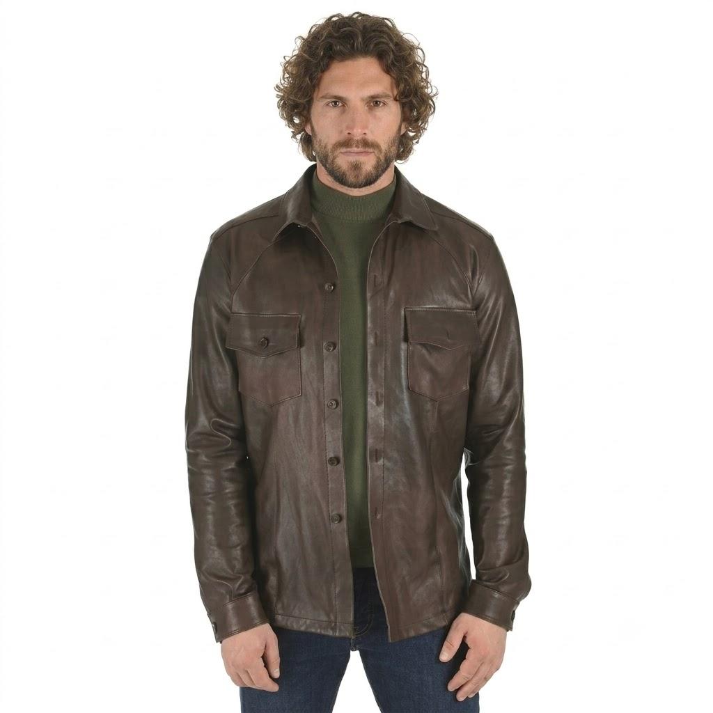 Stylish Handmade Biker Brown Men s Shirt Real Lambskin Leather Slim Motorcycle S