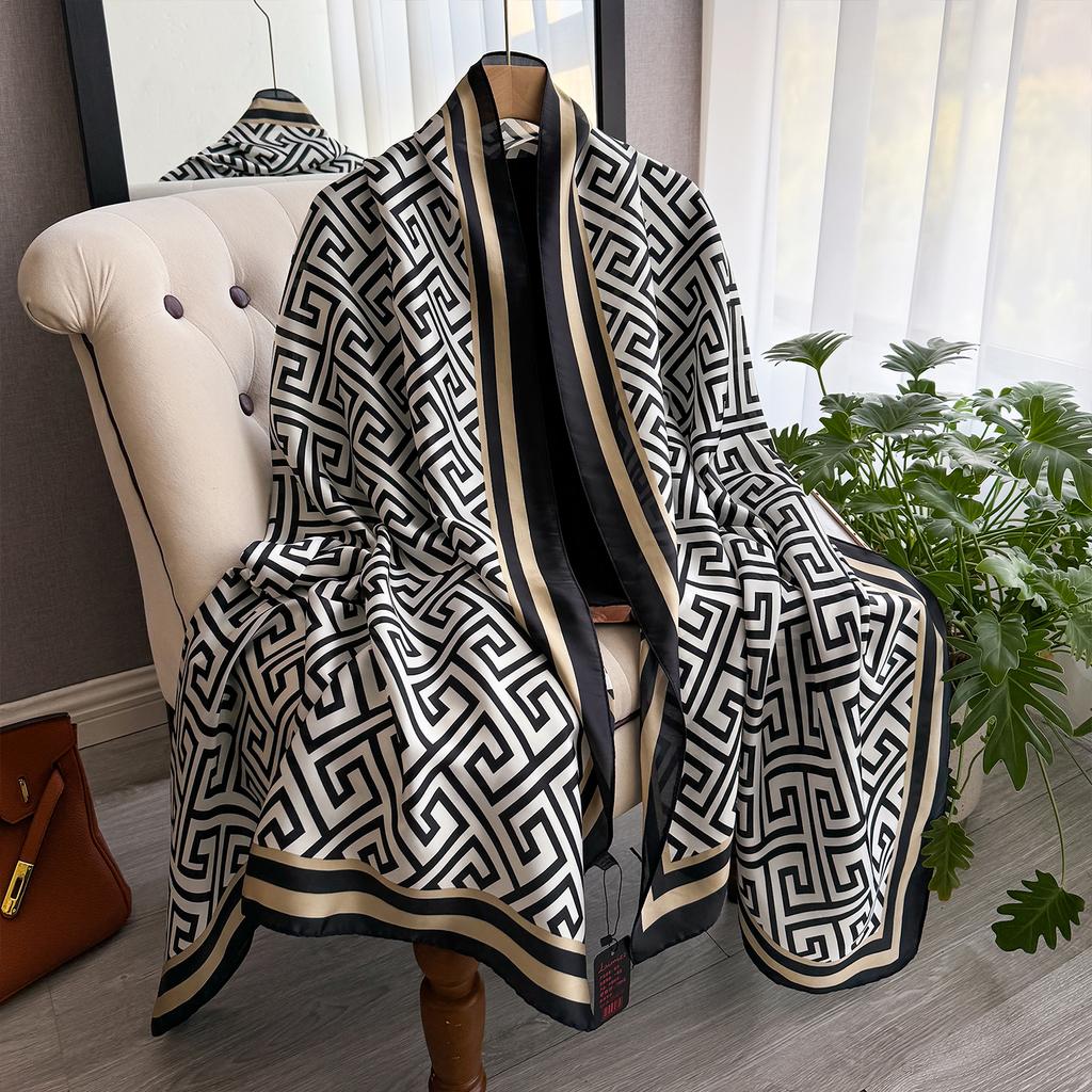 2025 Spring 180*90CM Fashion Dustproof Big Bandanna Popular Satin Finish Silk Shawls Scarves Luxury Print Sunscreen Beach Towel