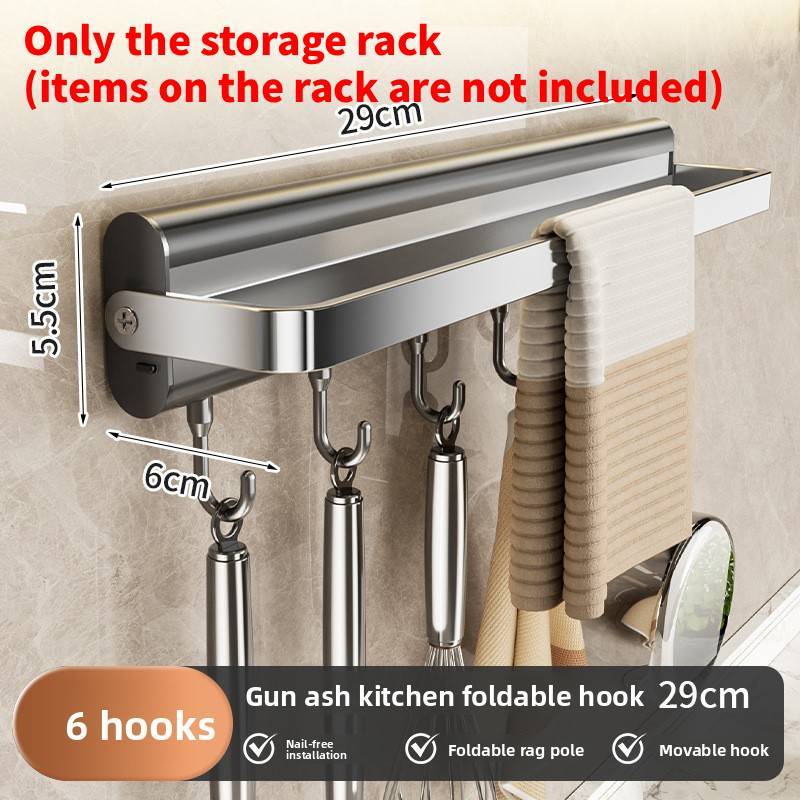 Aluminum Alloy Kitchen Wall Mount Rack With Hooks For Utensils And Cookware Storage