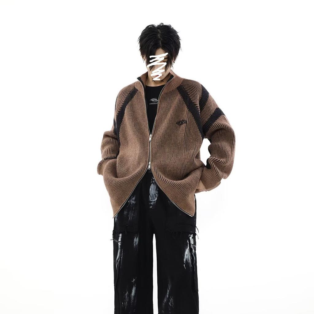 American Retro Design Sense Niche Fashion Contrasting Color Striped Turtleneck Sweater Couple Knitted Cardigan Casual Coat Men