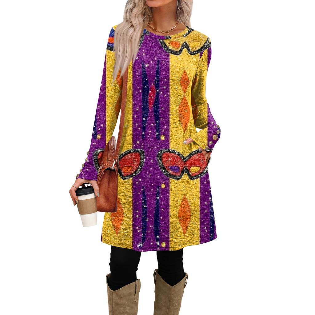 Women's Fashion Casual Dress With Pockets, Decorative Buttons, Carnival Prints, Round Neck And Long Sleeves