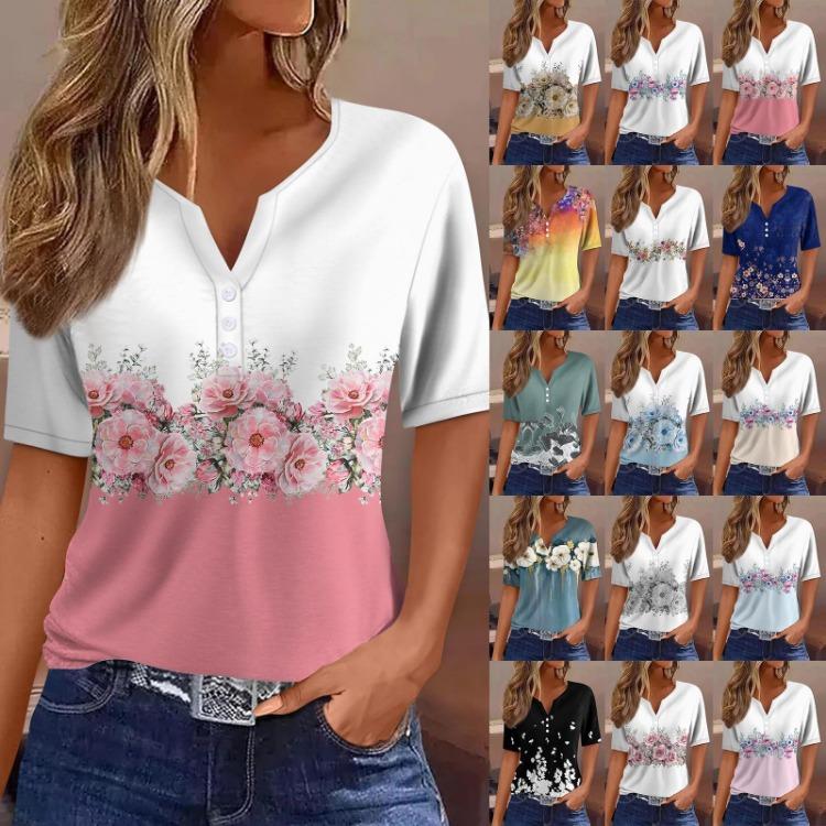 Casual Women's V Neck Short Sleeve T Shirt Regular Fit Basic Tee Print Button Fashion Weekend Daily Outfit Wear